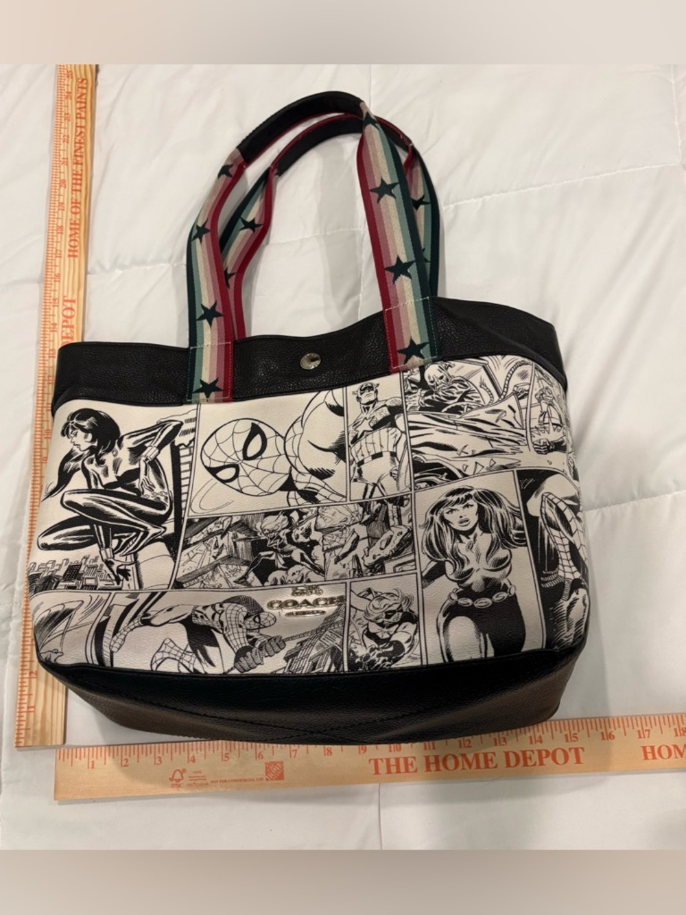 Retired Coach Black & White Marvel Print Tote with Star-Striped Handles - Picture 1 of 14